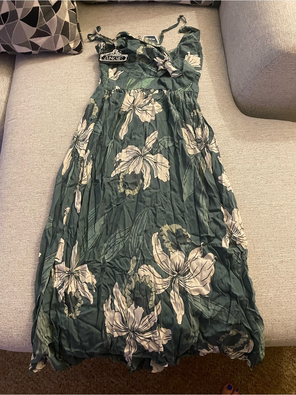Green Floral Maxi Dress with White Blossom Print